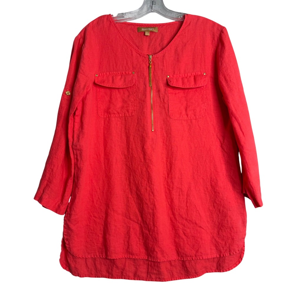 Ellen Tracy 100% Linen Tunic Top Womens L Salmon Beach Coastal Preppy 3/4 Sleeve